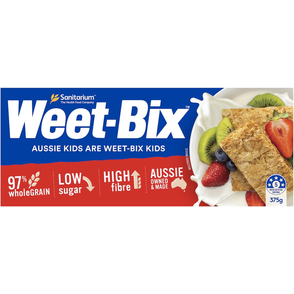Weet-Bix Original 375g bowl with milk for a quick, energizing start.