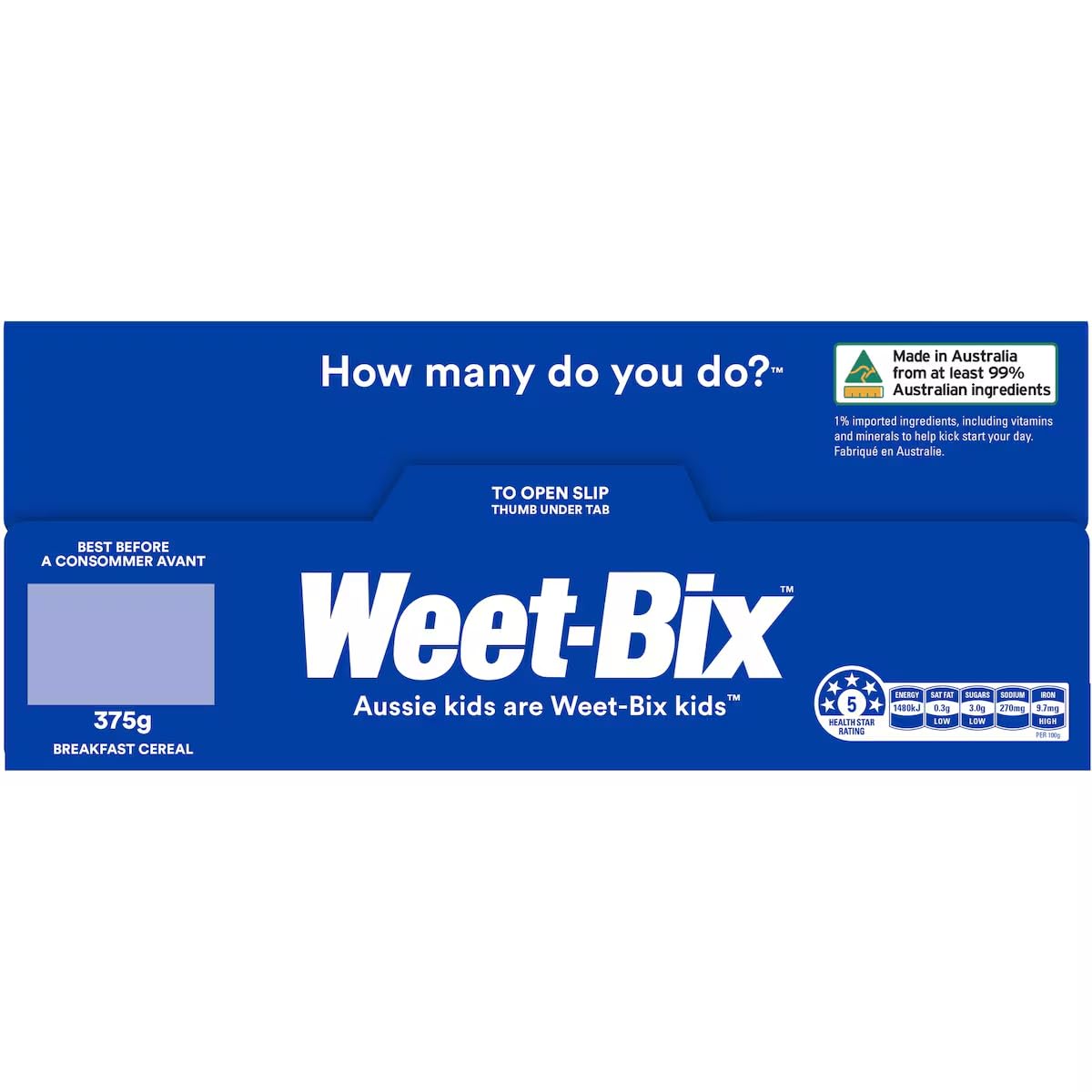 Nutrition panel on Weet-Bix Original 375g, highlighting vitamins and iron.
