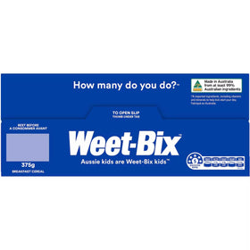 Nutrition panel on Weet-Bix Original 375g, highlighting vitamins and iron.