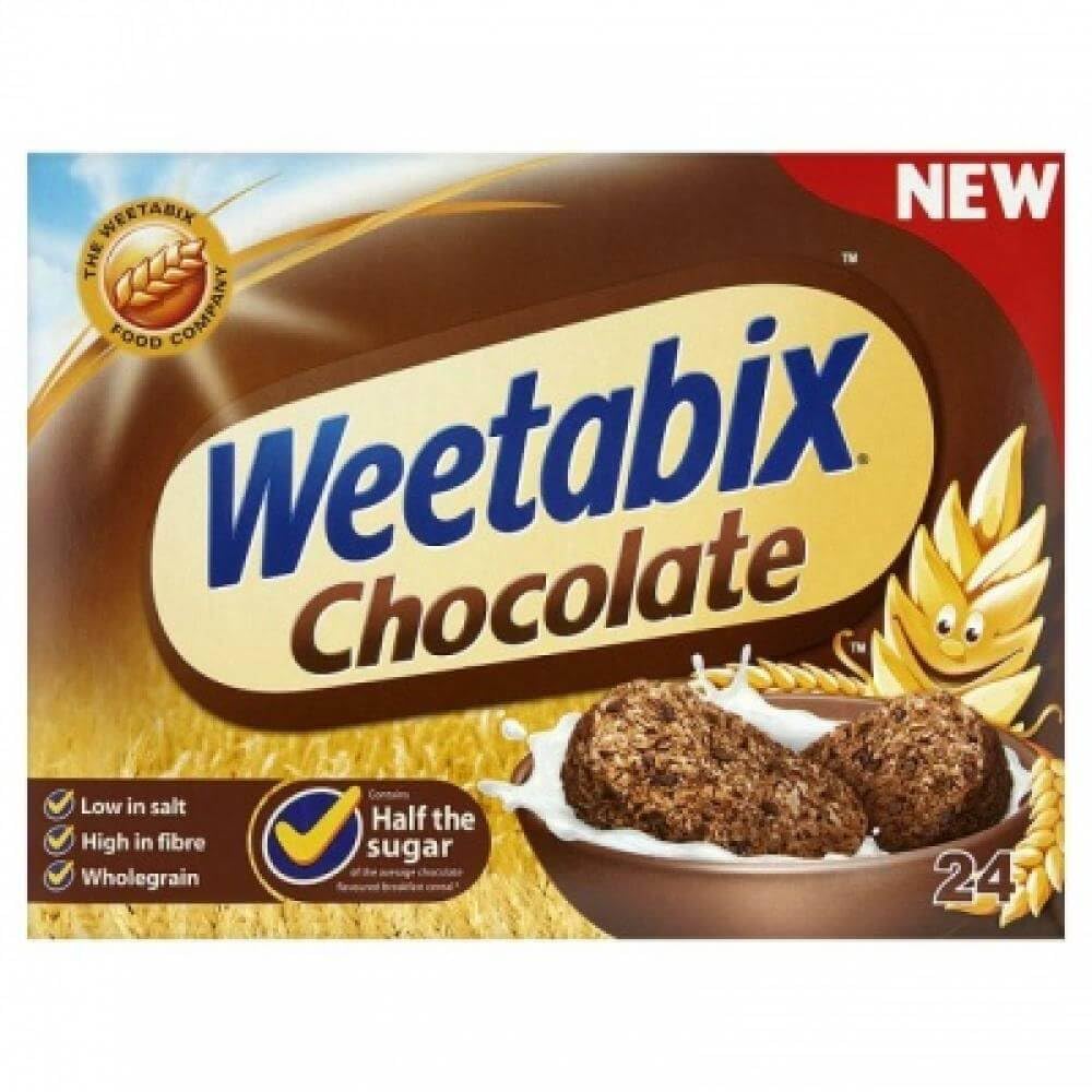 Weetabix Chocolate 24-pack front view, emphasizing wholesome wholegrain breakfast.