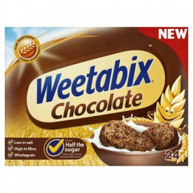 Weetabix Chocolate 24-pack front view, emphasizing wholesome wholegrain breakfast.