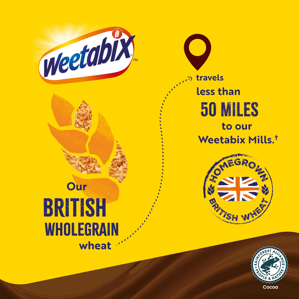 Close-up of Weetabix Chocolate cereal flakes showing wholegrain texture.