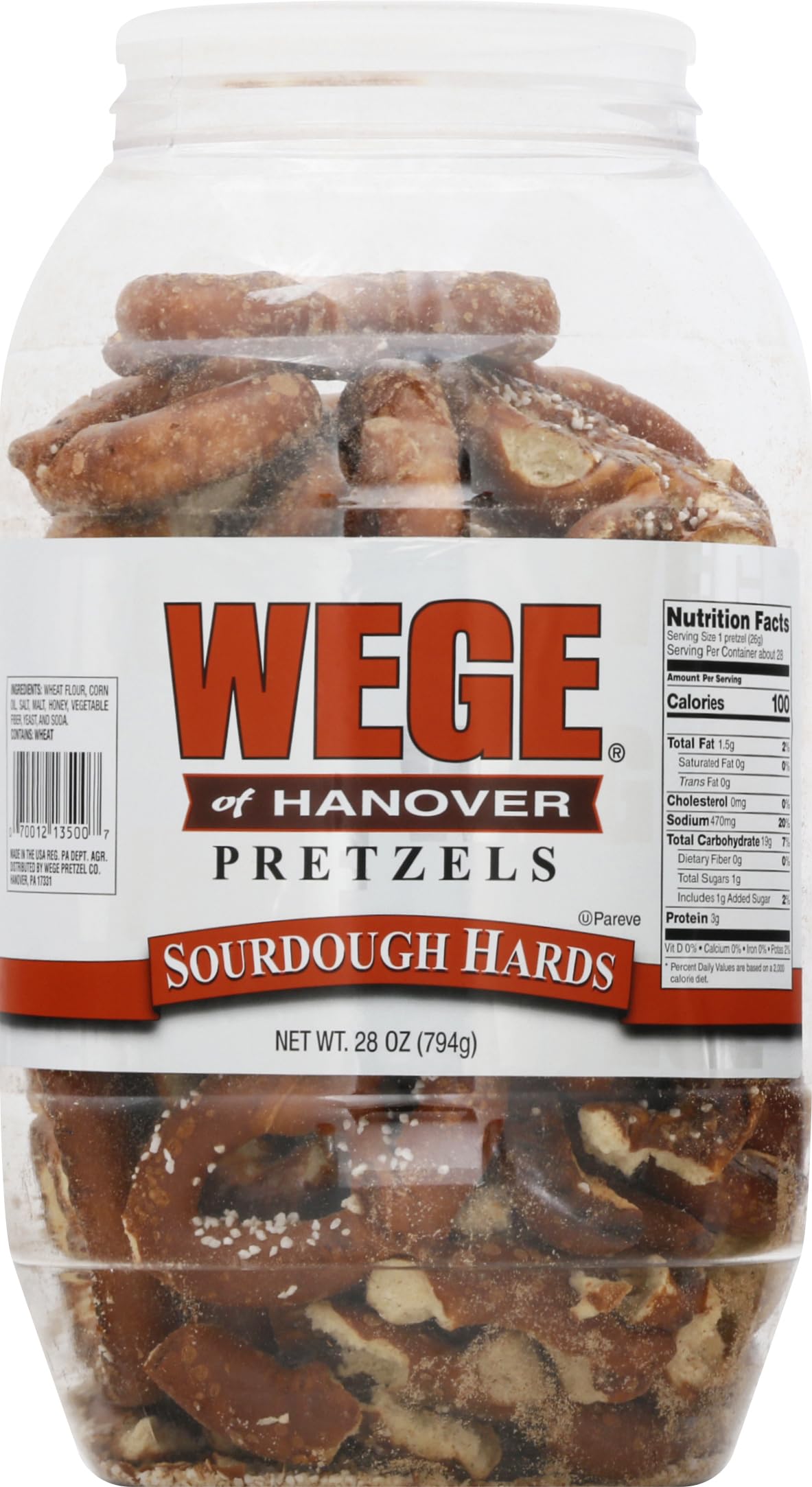 Wege Of Hanover sourdough hard pretzels in a 28oz barrel, ideal snack.