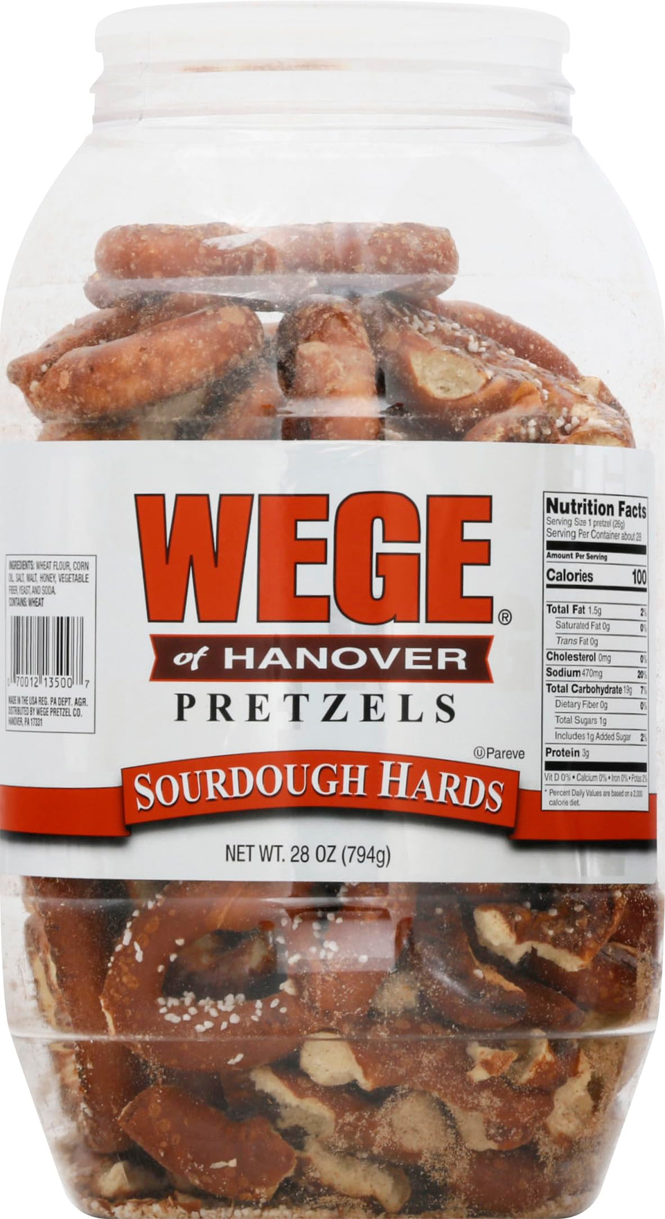 Wege Of Hanover sourdough hard pretzels in a 28oz barrel, ideal snack.