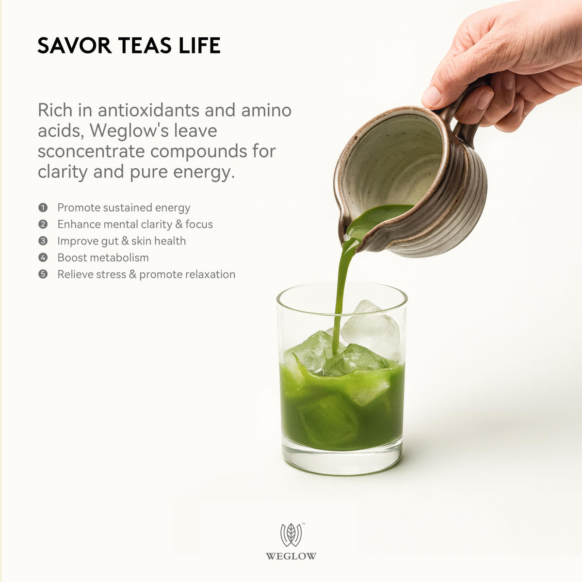 WEGLOW Matcha Power latte cup scene demonstrates rich, creamy matcha beverages.