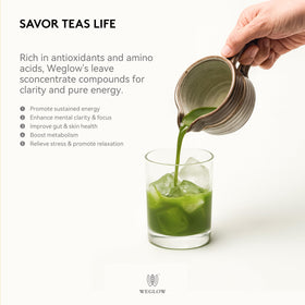 WEGLOW Matcha Power latte cup scene demonstrates rich, creamy matcha beverages.