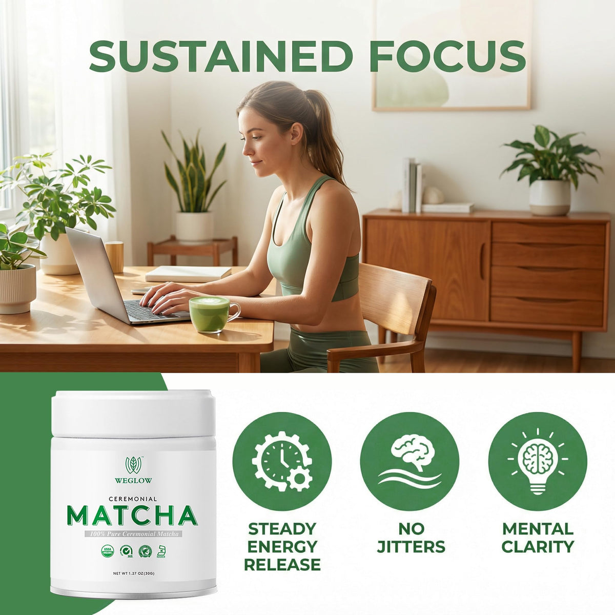 WEGLOW Matcha Power shelf life note highlights up to two years of freshness.