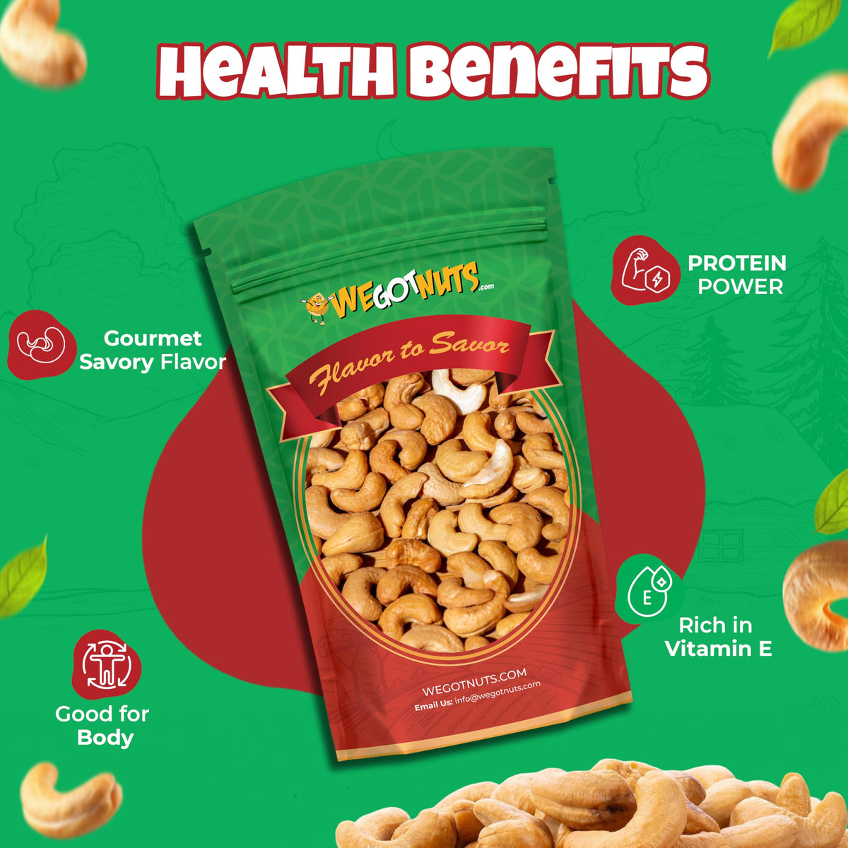 Close-up of cashews—creamy texture and natural flavor, no oil added.