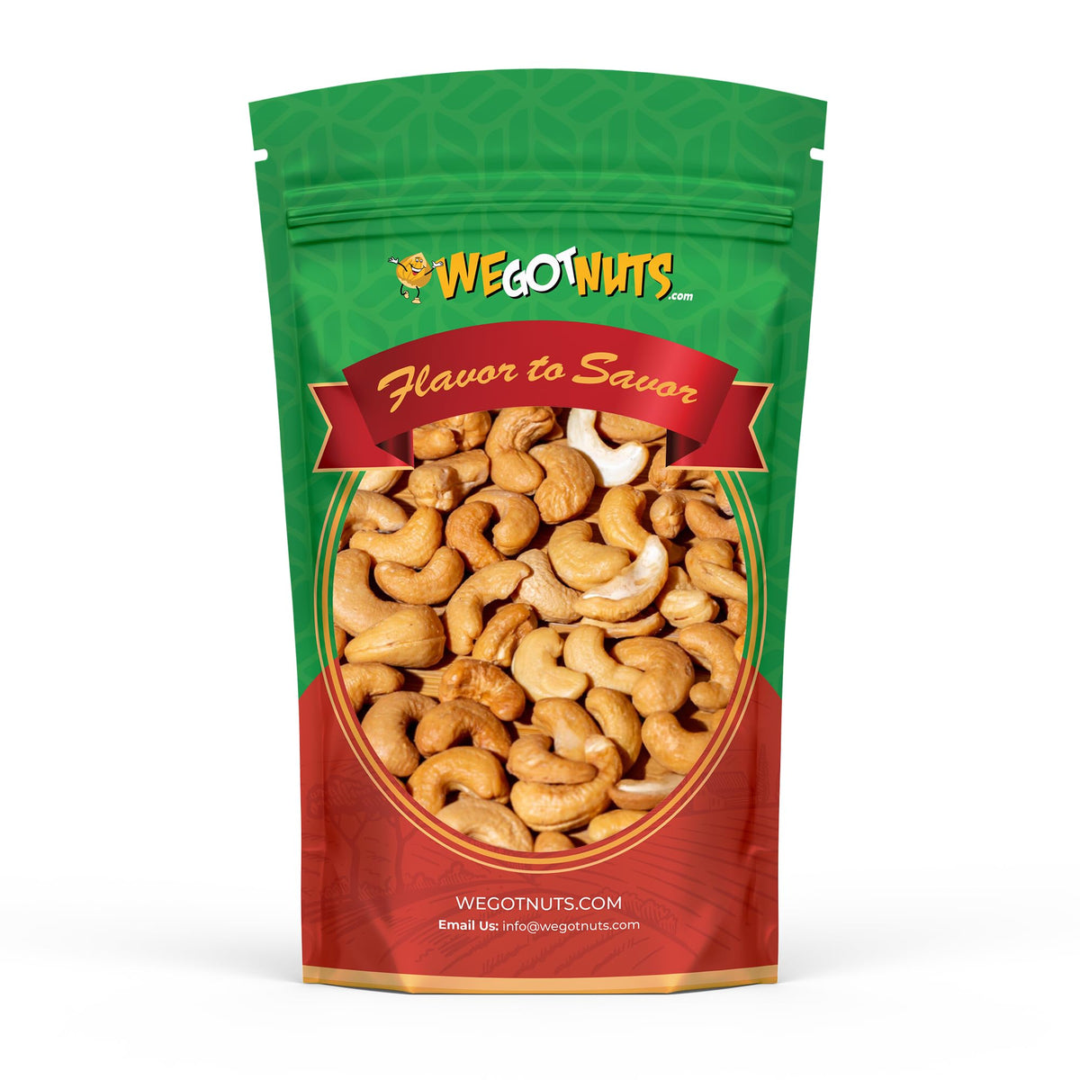 We Got Nuts dry roasted unsalted cashews in front bag—crunchy, oil-free snack option.
