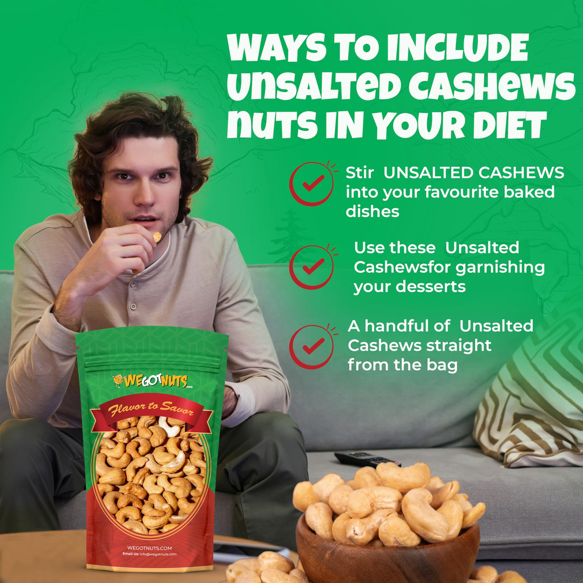 Resealable bag feature—We Got Nuts cashews stay fresh and crunchy after opening.