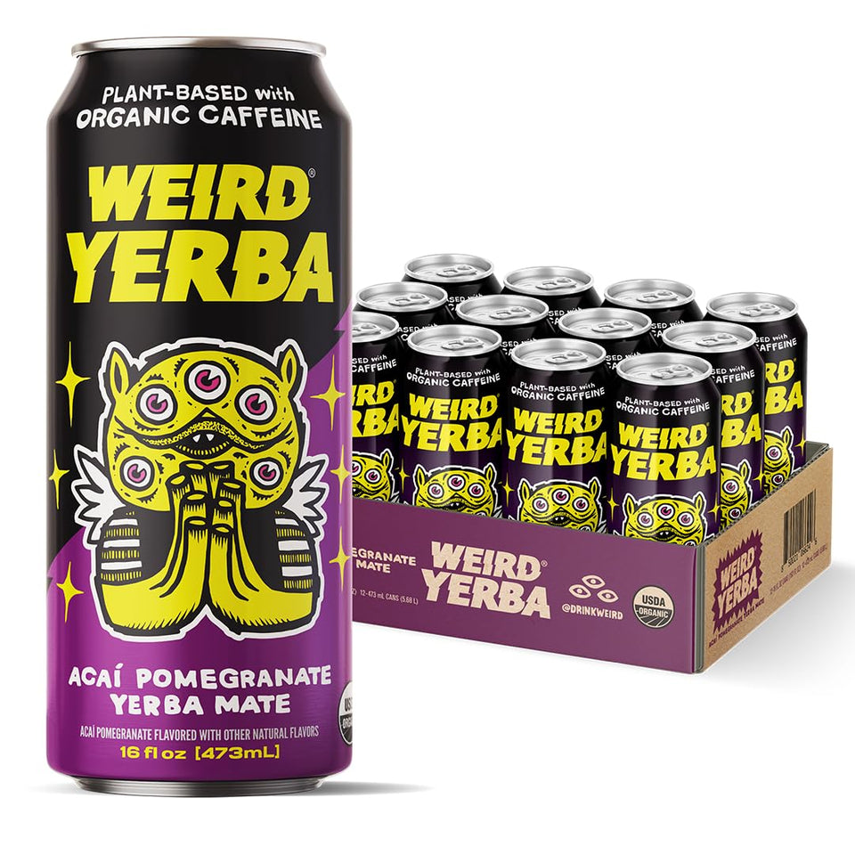 WEIRD Acai Pomegranate Yerba Mate can delivering clean energy in a 16oz serving