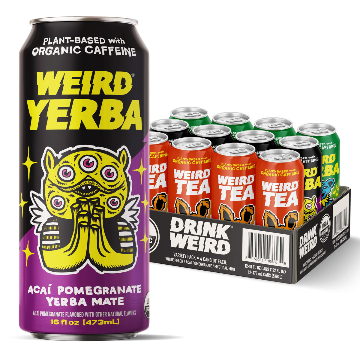 WEIRD Acai Pomegranate Yerba Mate can for an on-the-go energy boost.