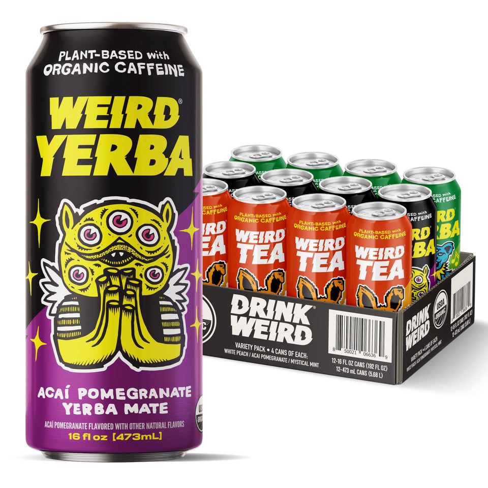 WEIRD Acai Pomegranate Yerba Mate can for an on-the-go energy boost.