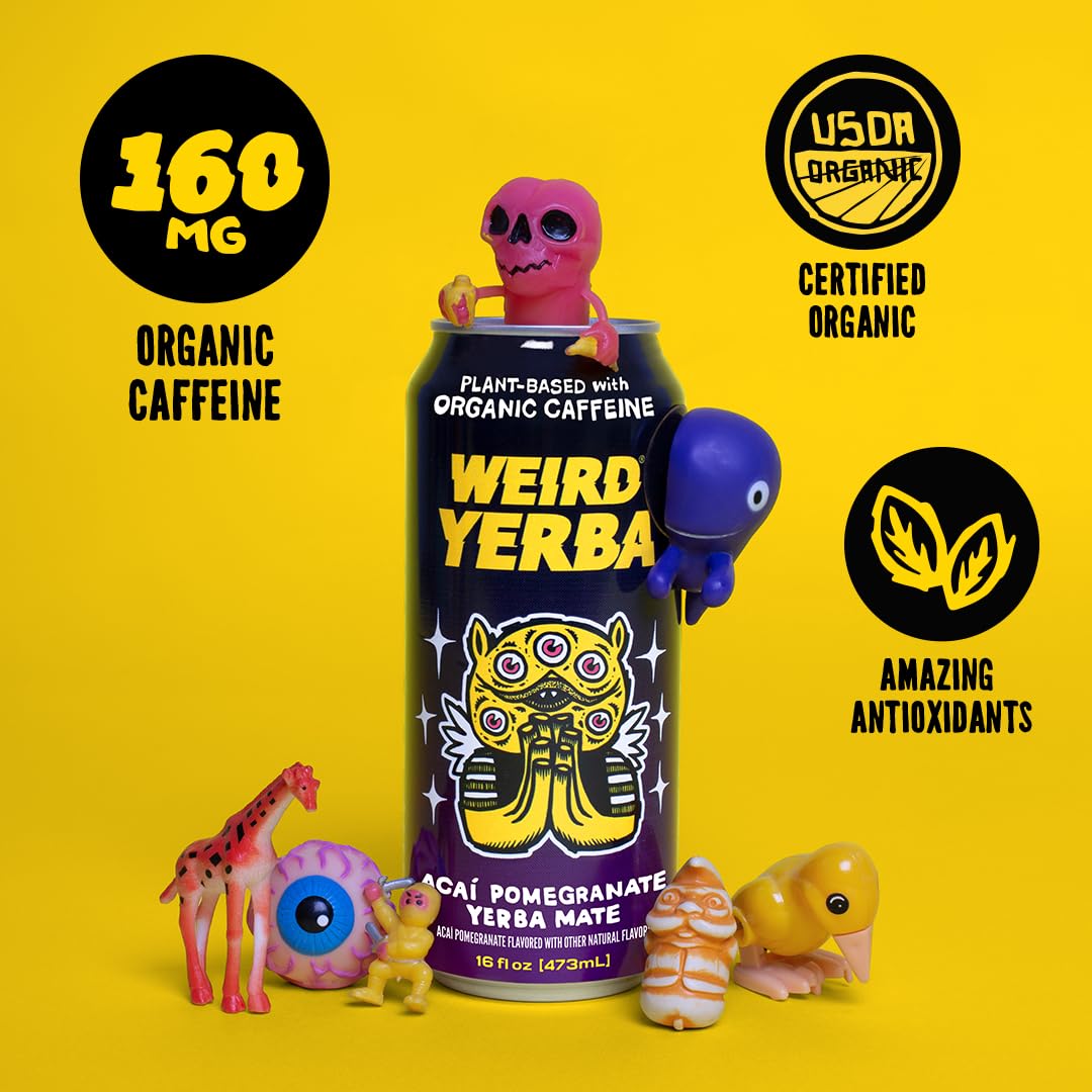 WEIRD Acai Pomegranate Yerba Mate glass pour demonstrates refreshing energy for daily routines