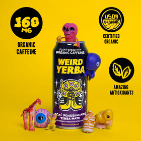 WEIRD Acai Pomegranate Yerba Mate glass pour demonstrates refreshing energy for daily routines
