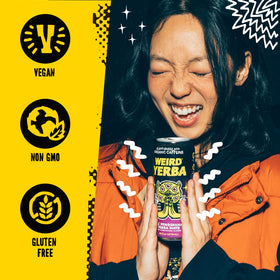WEIRD Acai Pomegranate Yerba Mate label close-up reveals organic ingredients