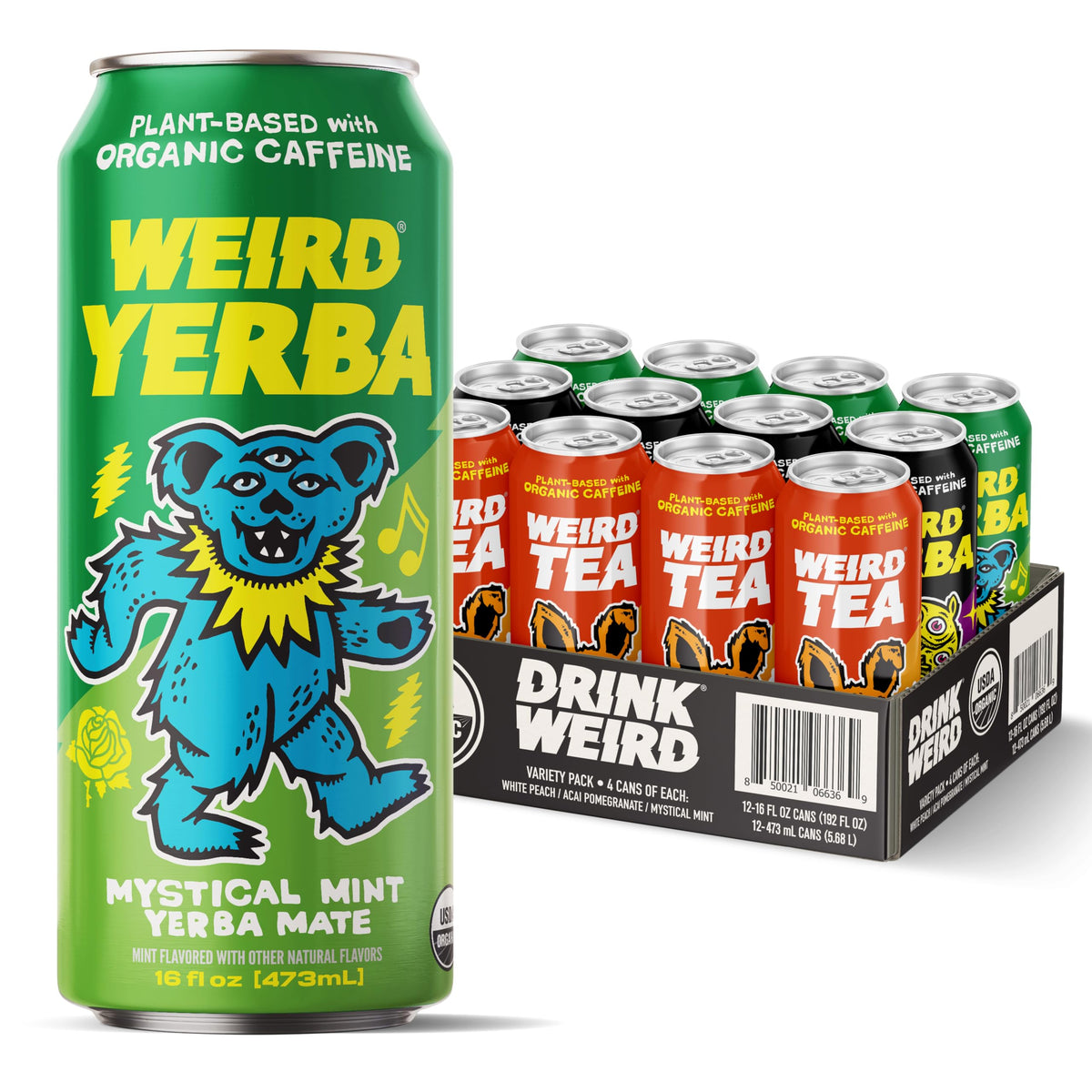 WEIRD Acai Pomegranate Yerba Mate label close-up highlighting organic ingredients.