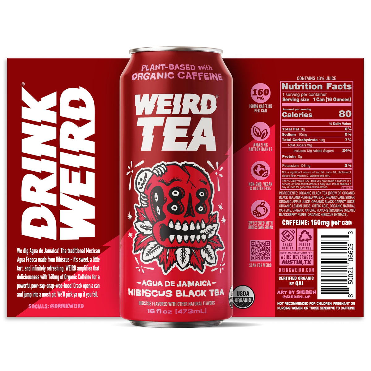 12-pack WEIRD Agua de Jamaica display on store shelf.