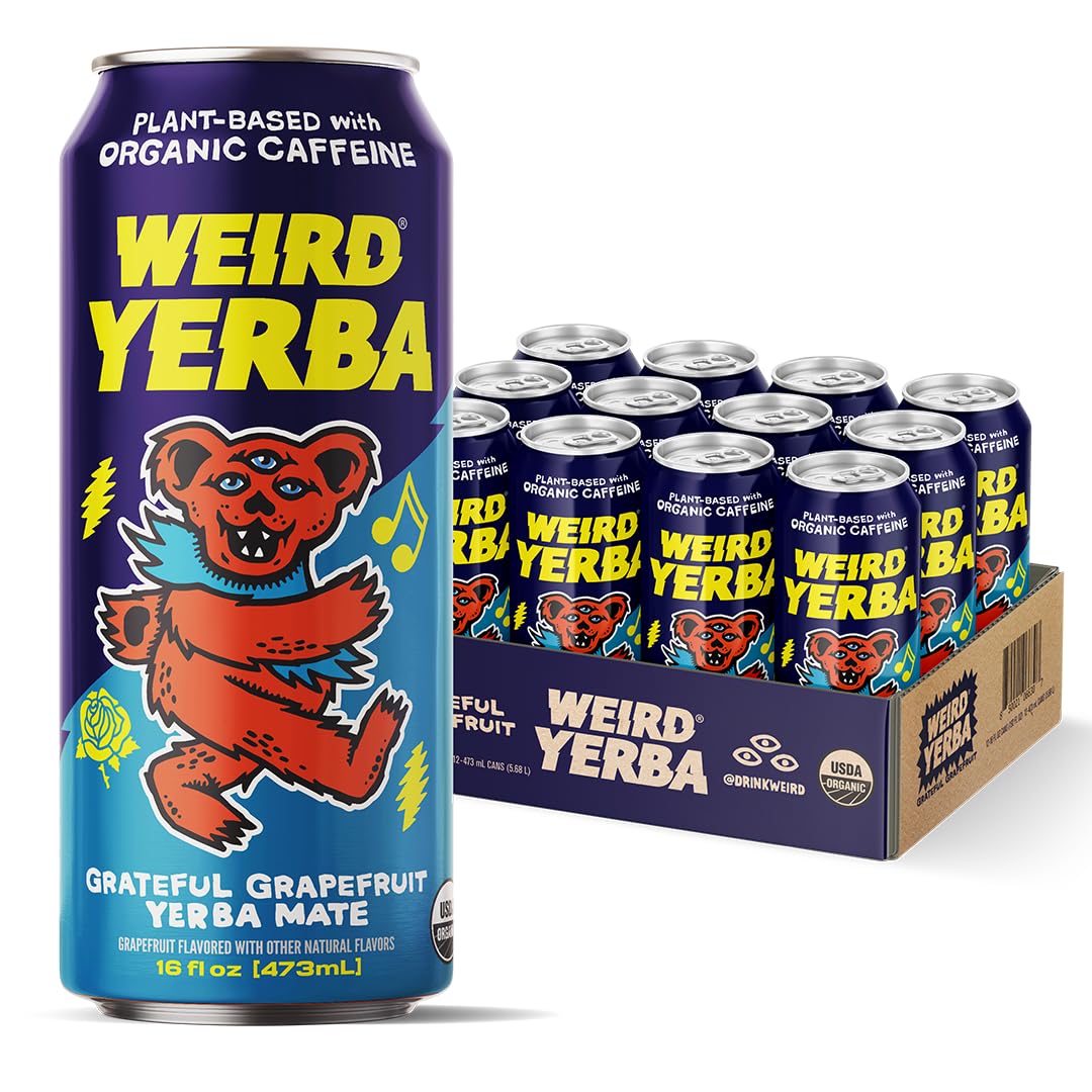WEIRD Grateful Grapefruit Yerba Mate can front highlights bold branding and energizing flavor.