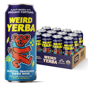 WEIRD Grateful Grapefruit Yerba Mate can front highlights bold branding and energizing flavor.
