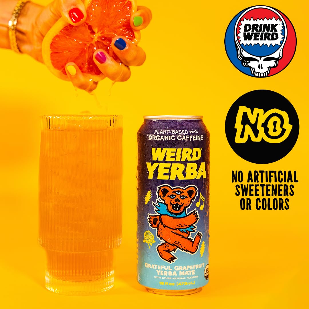 WEIRD Grateful Grapefruit Yerba Mate pour captures a refreshing citrus sip anytime.