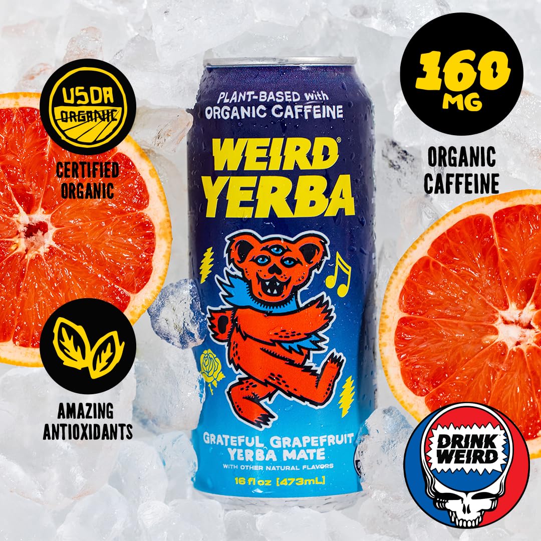 WEIRD Grateful Grapefruit Yerba Mate can side emphasizes portable, on-the-go energy for busy days.