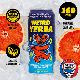 WEIRD Grateful Grapefruit Yerba Mate can side emphasizes portable, on-the-go energy for busy days.