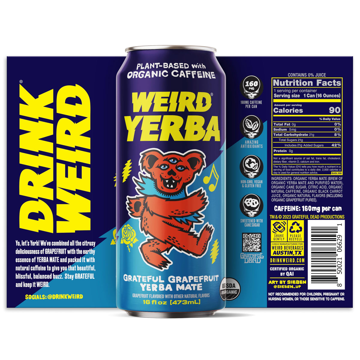 WEIRD Grateful Grapefruit Yerba Mate cap detail promotes recyclable packaging.