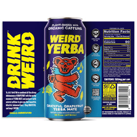 WEIRD Grateful Grapefruit Yerba Mate cap detail promotes recyclable packaging.