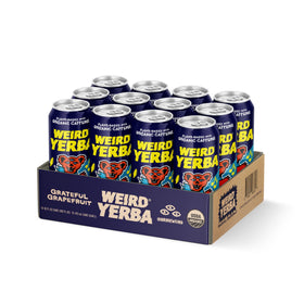 WEIRD Grateful Grapefruit Yerba Mate ingredients panel highlights non-GMO and vegan notes.