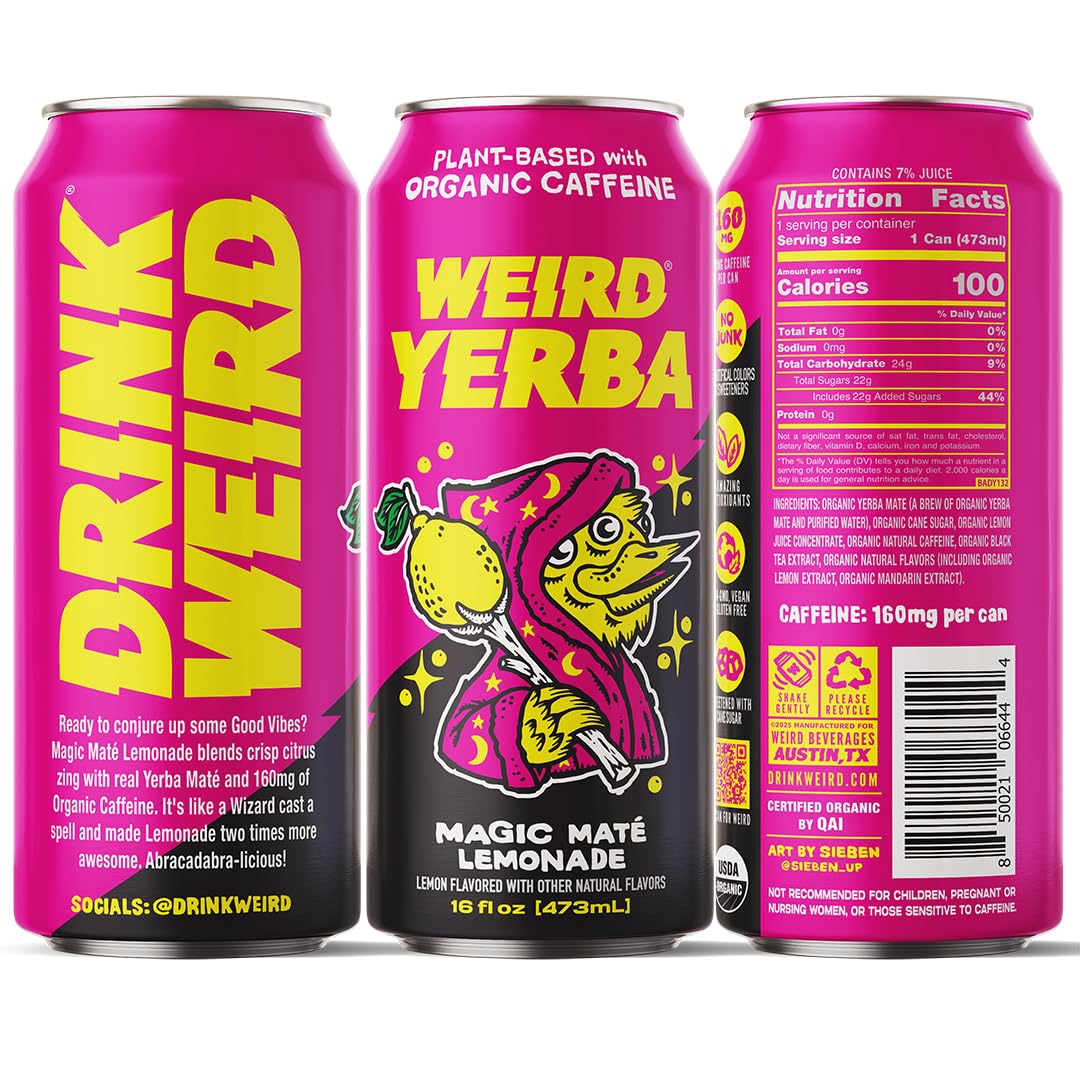 WEIRD 16oz can on shelf, showcasing organic caffeine from yerba mate for a clean energy boost