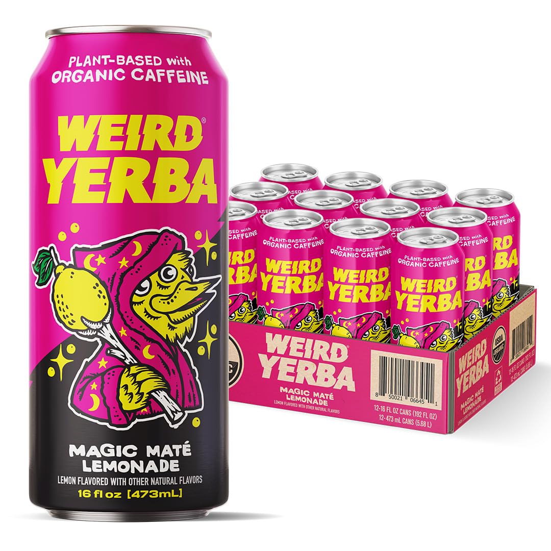 WEIRD Drink Weird Organic Magic Mate Lemonade can close-up, vibrant lemon aroma for refreshment