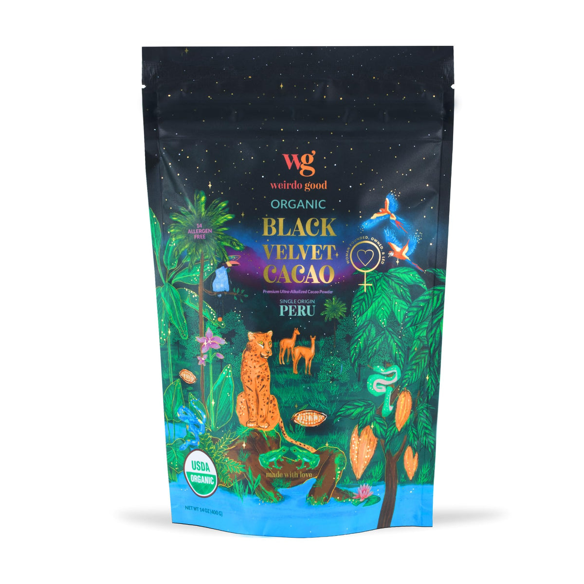 Weirdo Good Black Velvet Cacao powder in tin for rich baking color.