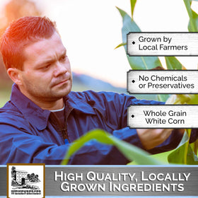 Weisenberger mill stone highlighting traditional production from non-GMO white corn
