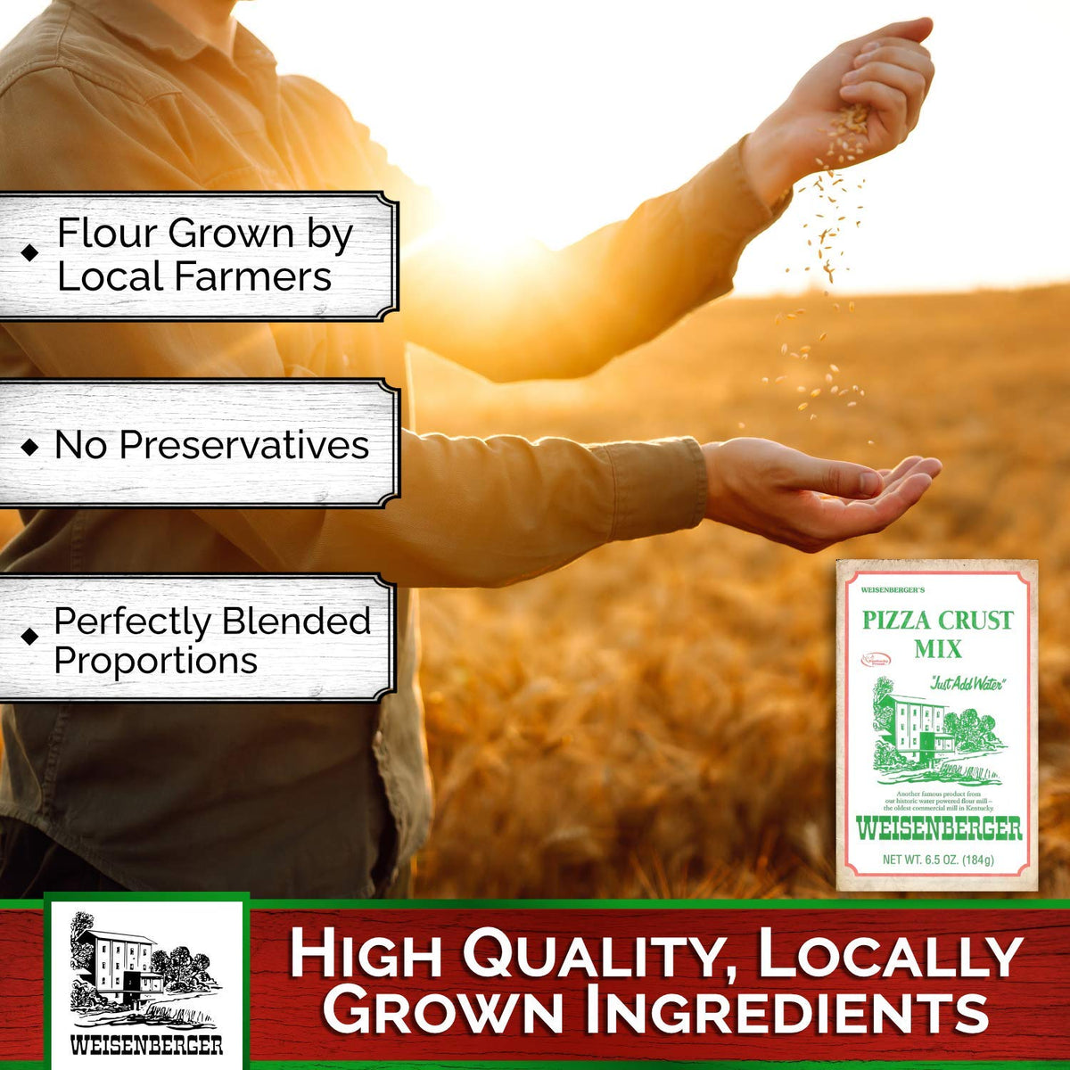 Weisenberger Pizza Crust Mix ingredients on shelf emphasizing on-site milling quality.