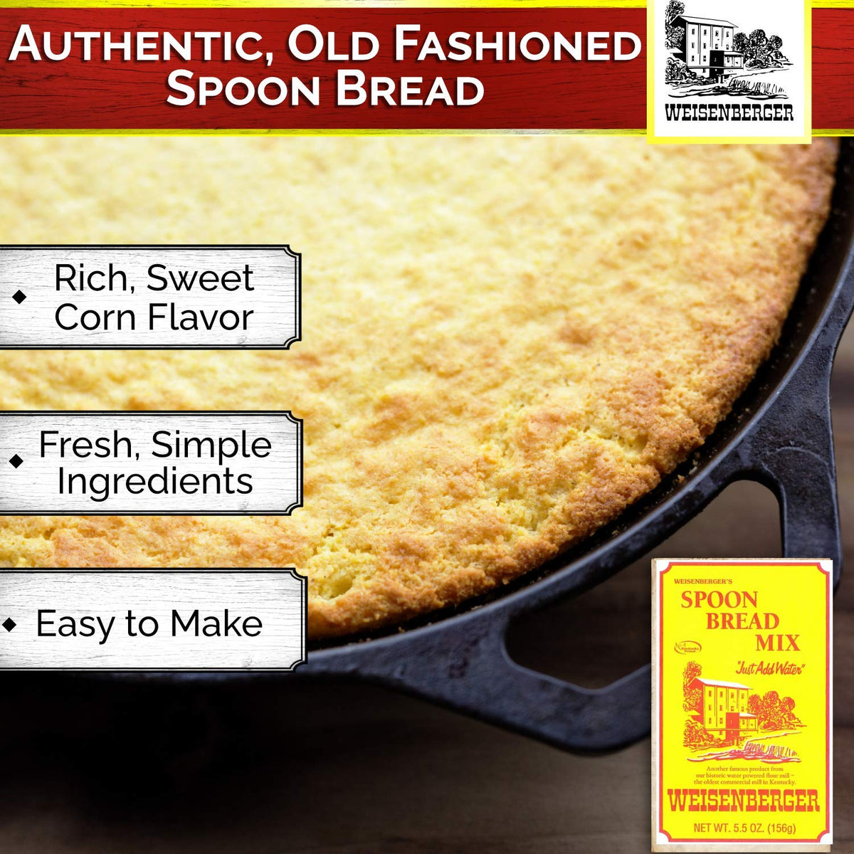 Weisenberger Spoon Bread Mix cast iron skillet ready for authentic Southern cooking
