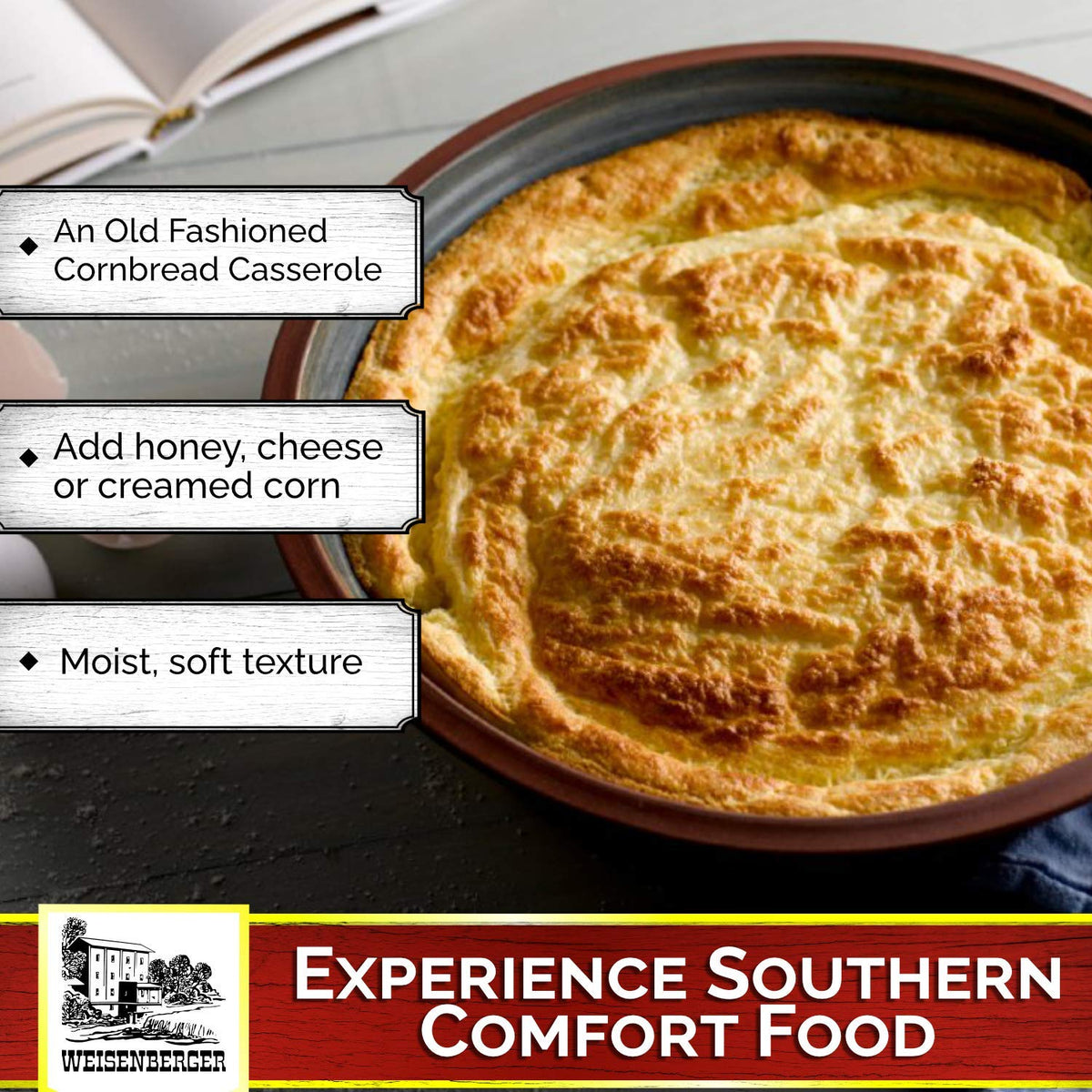 Weisenberger Spoon Bread Mix cornmeal closeup highlighting non GMO ingredients