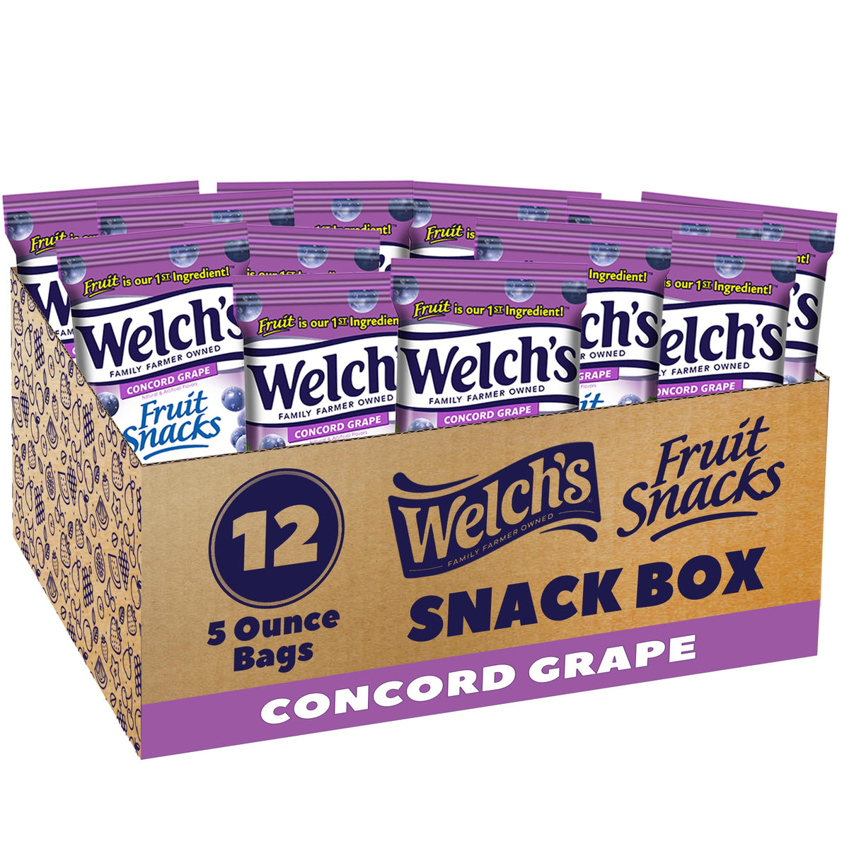 Welch's Concord Grape snack box 12-pack for on-the-go snacking.