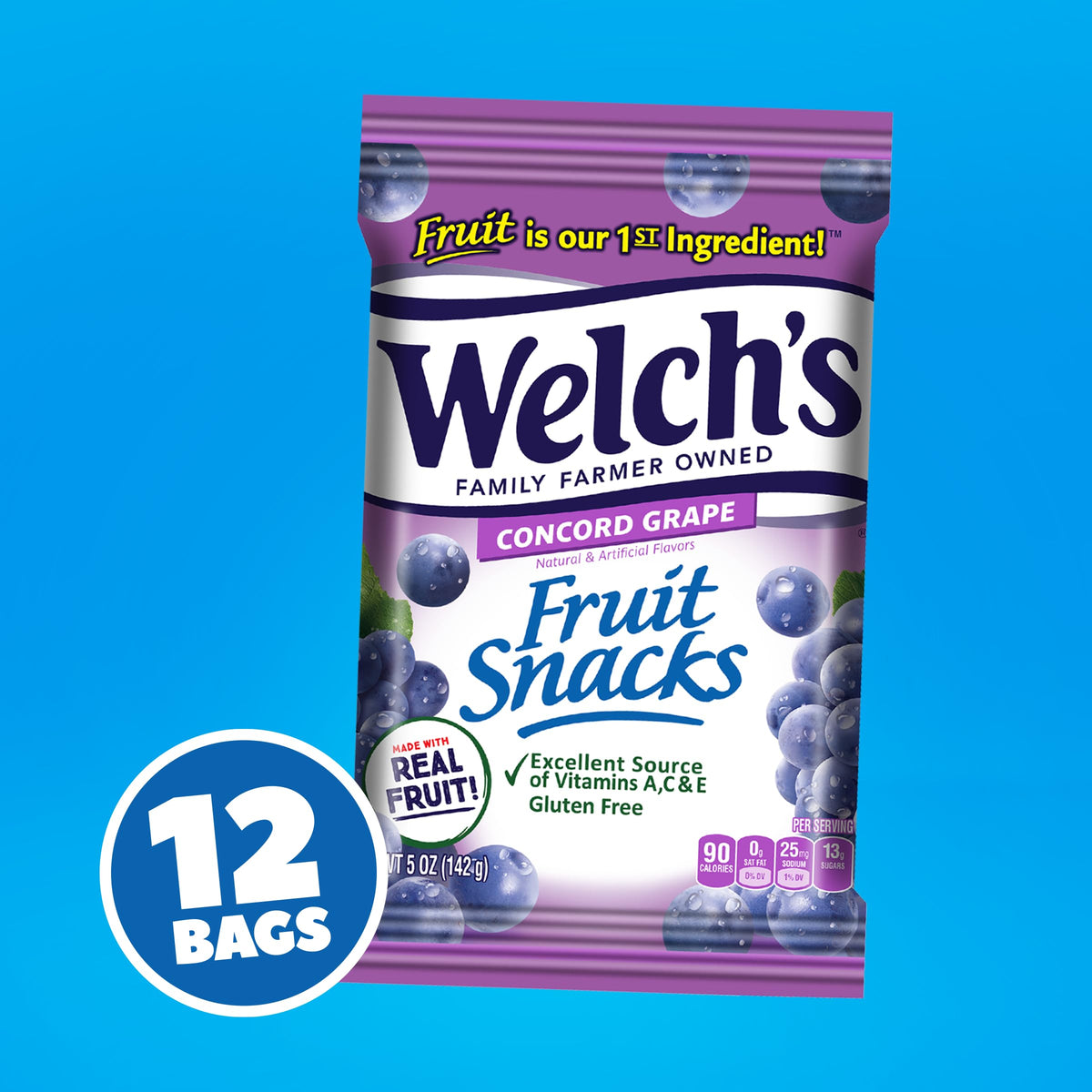 Welch's Concord Grape snack front view showing convenient 5 oz bags.