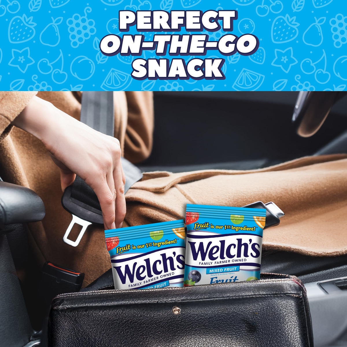 Welch's Fruit Snacks 5 oz bag close-up highlighting fruity chew texture.