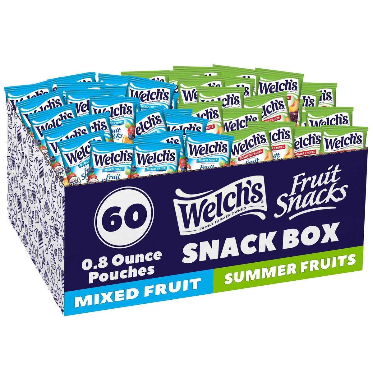 Welch's Fruit Snacks 60-pack box with mixed and summer fruits for convenient snacking.