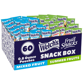 Welch's Fruit Snacks 60-pack box with mixed and summer fruits for convenient snacking.