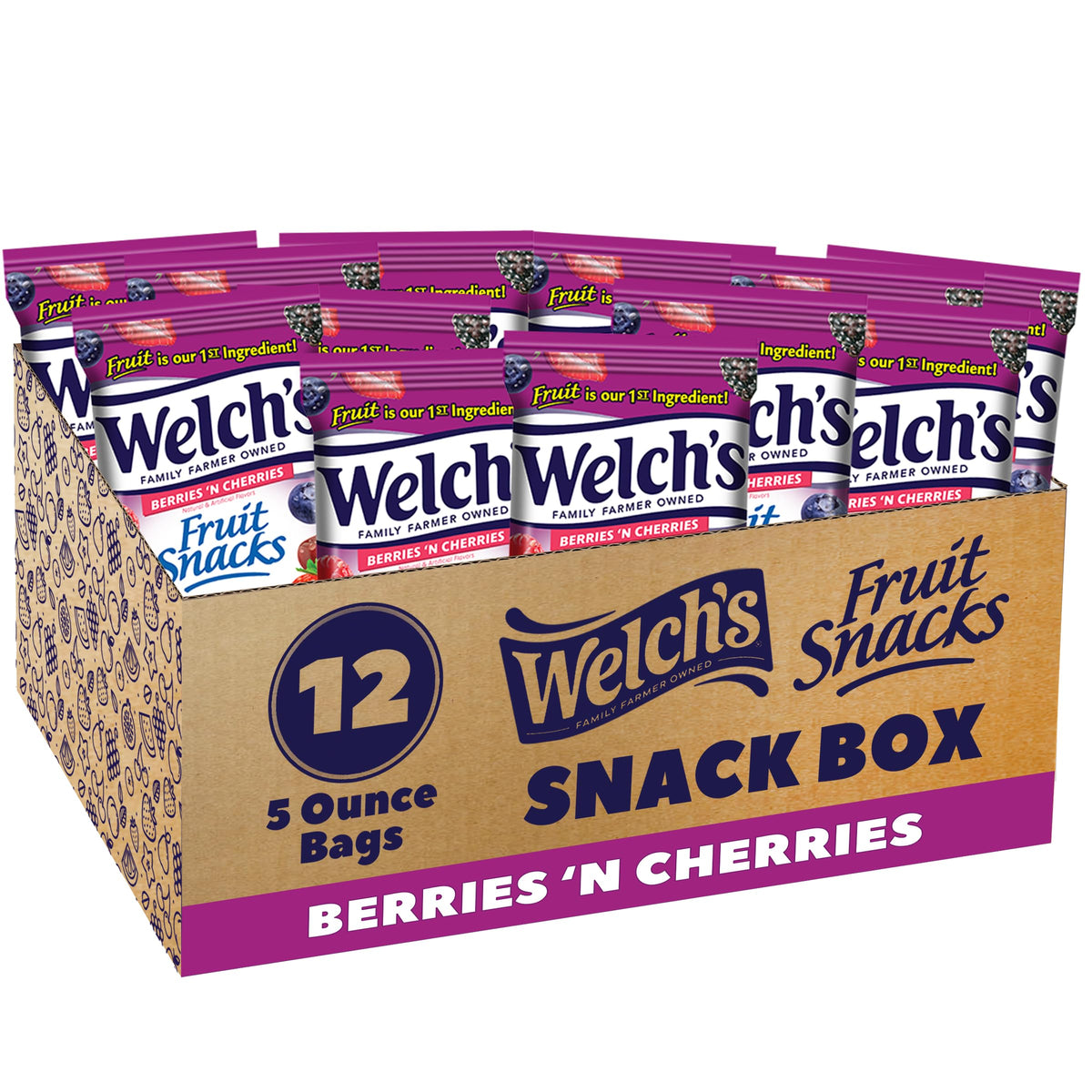 Welch's Fruit Snacks Berries N Cherries bag, gluten-free and convenient for on-the-go snacking.