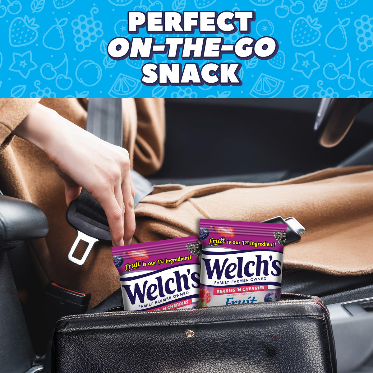 Welch's Fruit Snacks Berries N Cherries gluten-free label emphasizes allergy-friendly snacking.