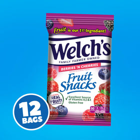 Welch's Fruit Snacks Berries N Cherries ingredients closeup highlights real fruit first.