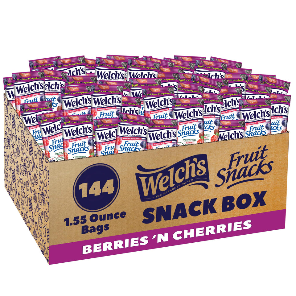Welch's Fruit Snacks Berries 'n' Cherries bulk pack, 144 bags, ideal for lunches.