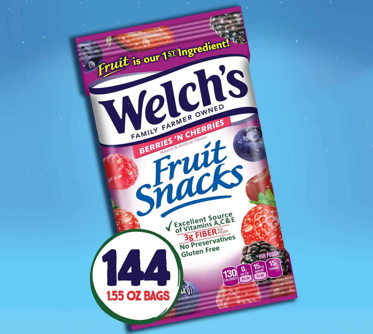 Welch's single-serve bags, 1.55 oz each, convenient for on-the-go snacking.