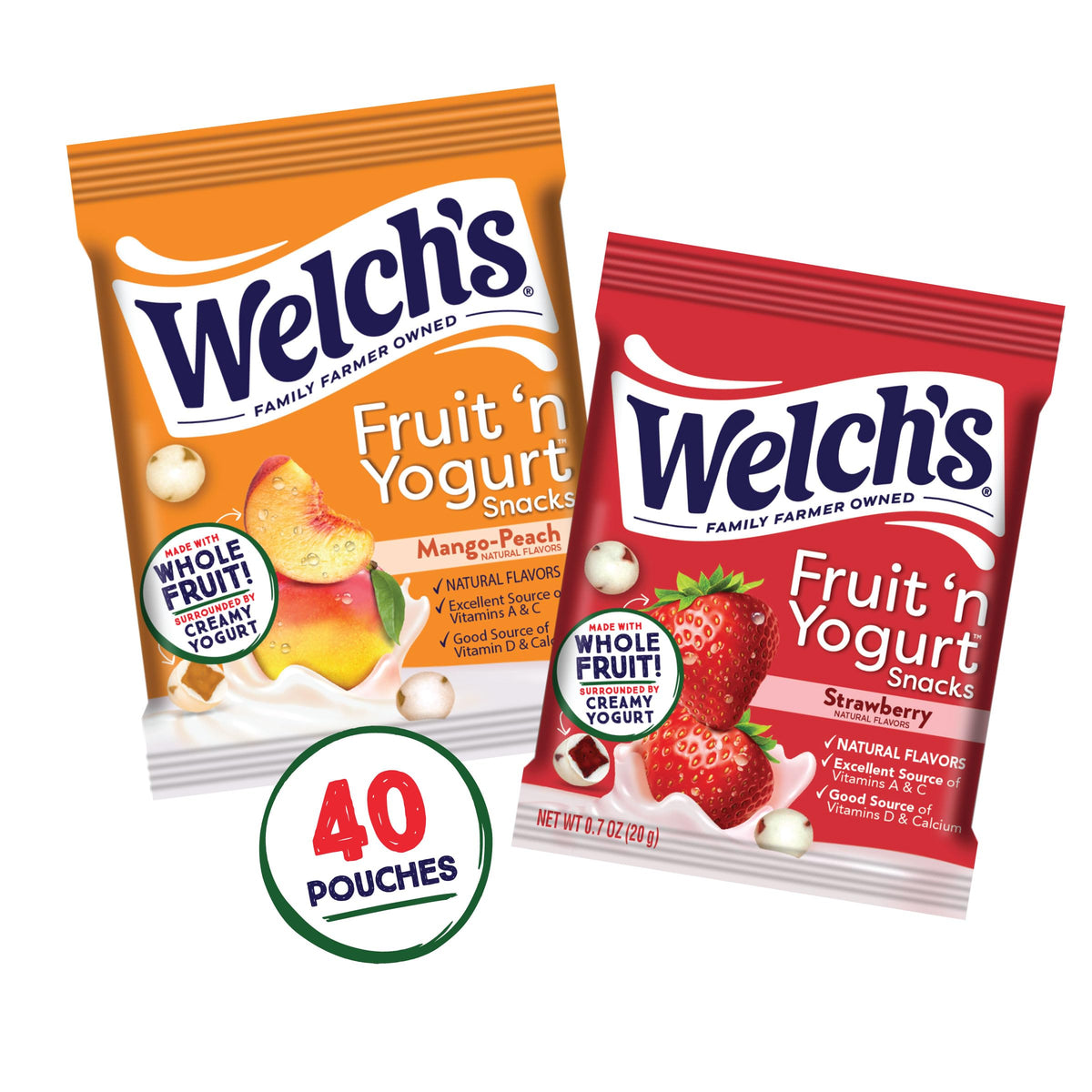 Welch's Fruit 'n Yogurt, creamy yogurt coating close-up on strawberry flavor for snacking.
