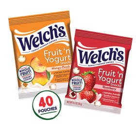 Welch's Fruit 'n Yogurt, creamy yogurt coating close-up on strawberry flavor for snacking.