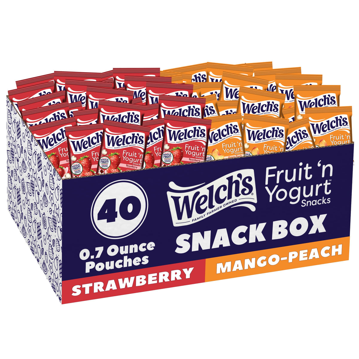 Welch's Fruit 'n Yogurt variety pack strawberry packaging, perfect for on-the-go family snacks.